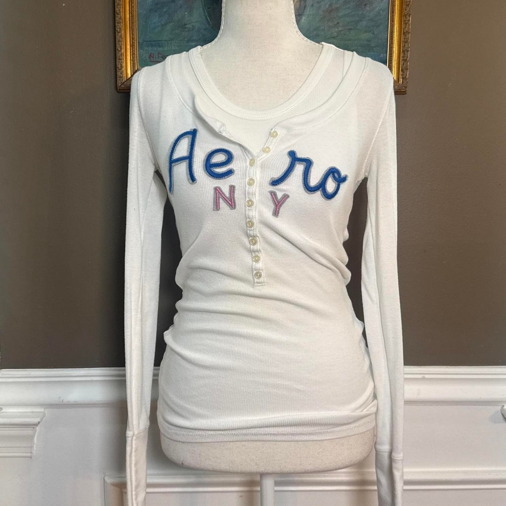 Y2K Aeropostale White Logo Henley Long Sleeve Top M